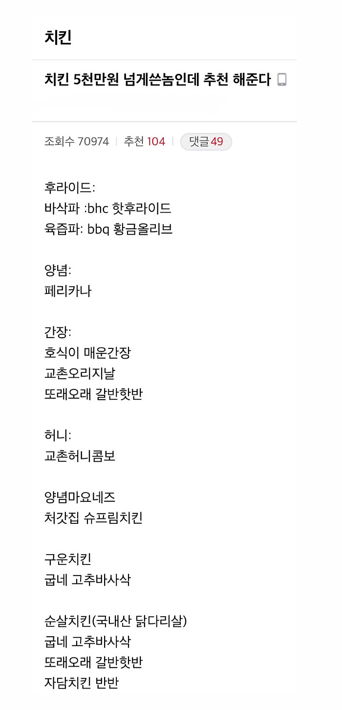 치킨갤 선정 치킨 티어리스트